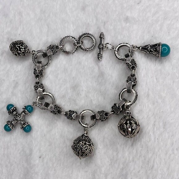 Silver-Toned Charm Bracelet With Ornate Filigree & Blue Bead Accents - Picture 4 of 4